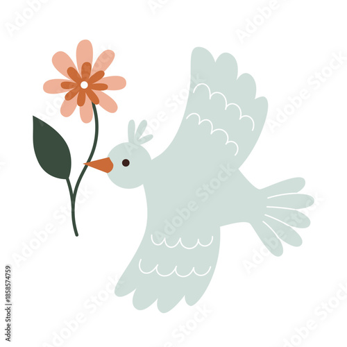 A wedding dove with a flower in its beak. Simple vector flat illustration.