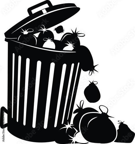 Garbage can overflowing with rotten tomatoes and food waste symbolizing agricultural loss or protest