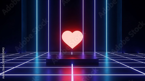 Minimalist Red Heart on Platform with Blue Neon Grid Floor and Laser Lines Valentine