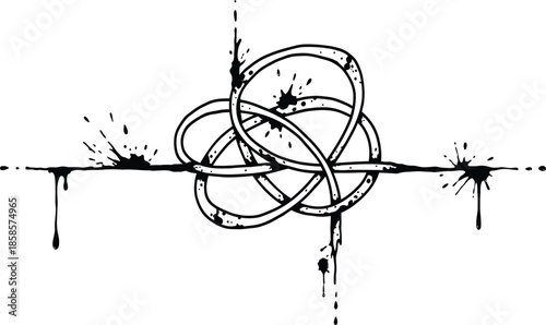 Abstract ink line with tangled knot and dripping paint droplets illustration