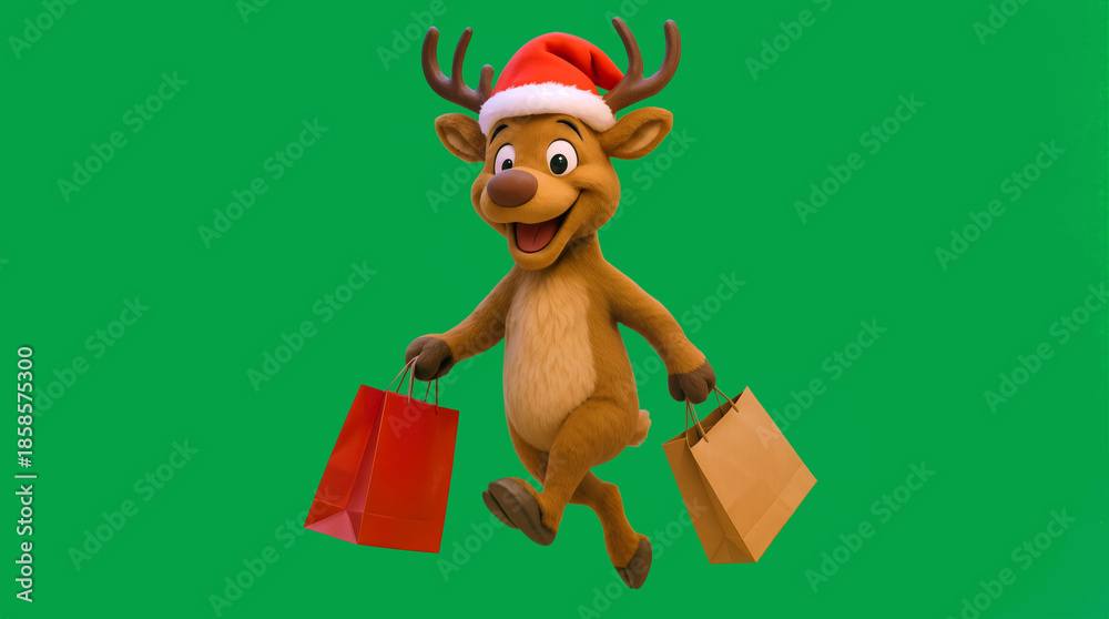 Fototapeta premium A cartoon reindeer wears a red Santa hat and holds two shopping bags as it walks happily. The reindeer has a big smile and is ready for the holiday season. The background is a solid green color