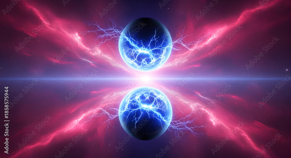 Obraz premium Abstract Cosmic Energy Orbs Colliding in Nebula.