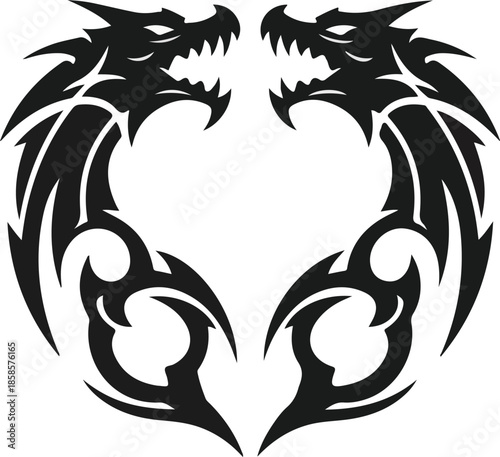 Symmetrical twin dragon heads forming an abstract tribal design, a powerful vector illustration perfect for fantasy themes, tattoo art, or bold graphic projects with strong visual impact