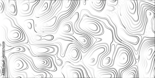 Abstract monochrome topographic map-like pattern with swirling contour lines and organic shapes on a white background, suggesting elevation changes or fluid dynamics, ideal for scientific or