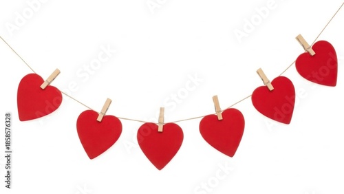 Heart garland hanging on string, isolated on white background
