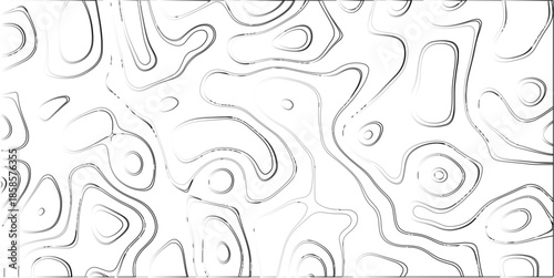 Black and white topographic contour lines with a distressed texture on a white background, forming an abstract, organic, and flowing pattern ideal for graphic design, art, and conceptual backgrounds