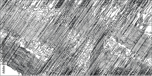 Abstract topographical map or contour lines illustration in black and white, depicting layered, wavy, and diagonal patterns resembling terrain or data visualization for graphic design