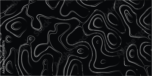 Dark black background with bright white and grey contour lines forming abstract organic shapes and irregular patterns, resembling topographical maps or stylized topographical art, creating a