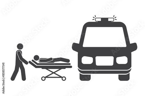 paramedic with patient lay on stretcher and ambulance car icon