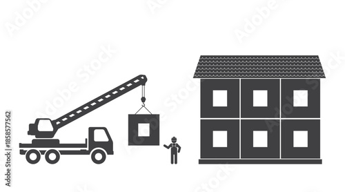 crane machine lift block of house icon