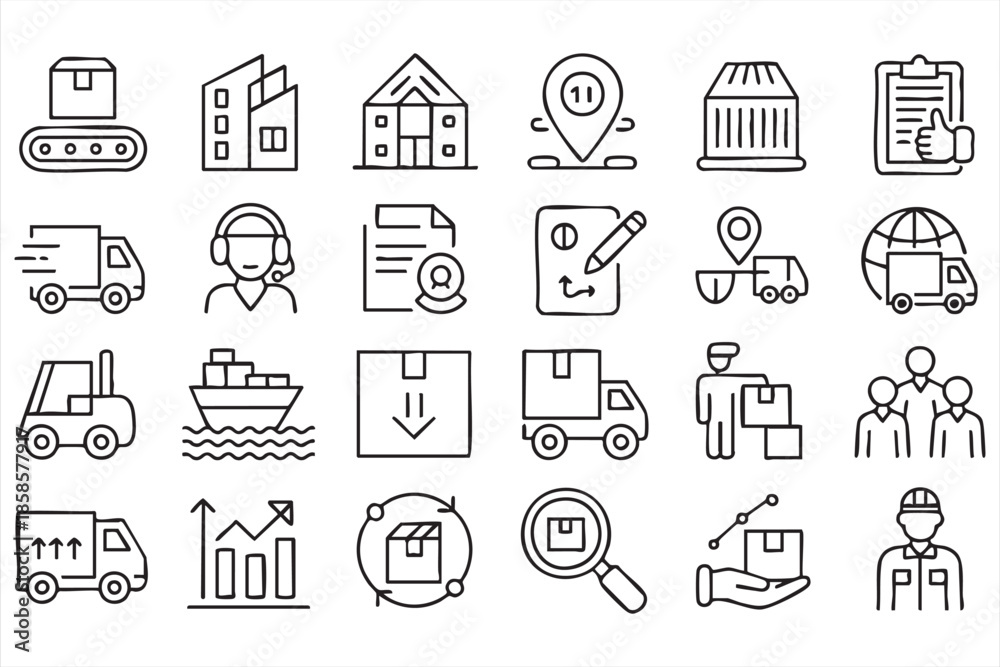 Fototapeta premium Global Logistics and Transport Line Icons for Dashboards