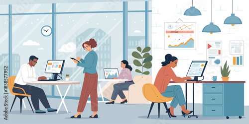 Professional business productivity illustration showing focused office workers managing tasks and project deadlines in a modern workspace.