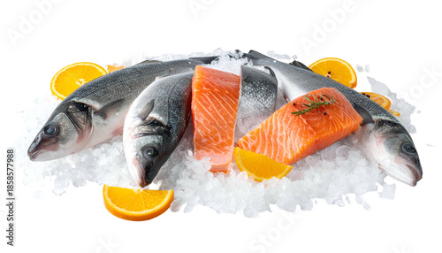 Wallpaper Mural Assortment of fresh fish and salmon fillets arranged on ice, with citrus garnish Torontodigital.ca