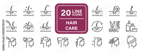 Hair Care Line Icons Set Containing Treatment Shampoo Products Hairdressing Isolated on White Background Beauty Salon Hairstyle Wellness Health