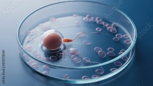 Scientific illustration of fertilization process; egg being penetrated by sperm in a petri dish