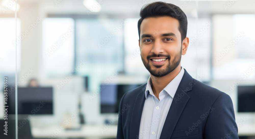 Fototapeta premium A smiling young Indian businessman wearing a navy blue suit and light blue shirt in a bright, modern office background with copy space