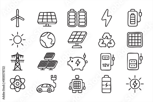 Clean Power Line Icons for Renewable Energy Applications