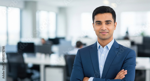 Portrait of a confident young Indian businessman in a formal blue suit standing with arms crossed in a bright, modern corporate office background with copy space