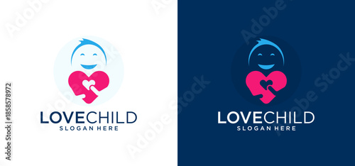 Vector combination child logo with a child hugging a heart, symbolizing love. Perfect for childcare, medical, and nonprofit organizations.