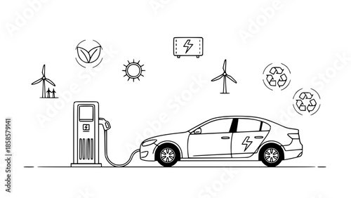 Electric vehicle charging station vector, car plugged into charger, green energy icons, flat illustration, sustainable transportation, city background, clean and professional style