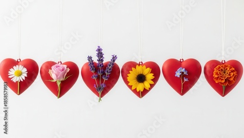 Hanging heart-shaped vases with flowers, isolated on white background