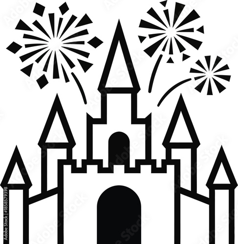 Castle ice festival with fireworks display silhouette