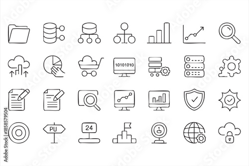 Cloud Data Line Icons for Business Intelligence and Performance Monitoring