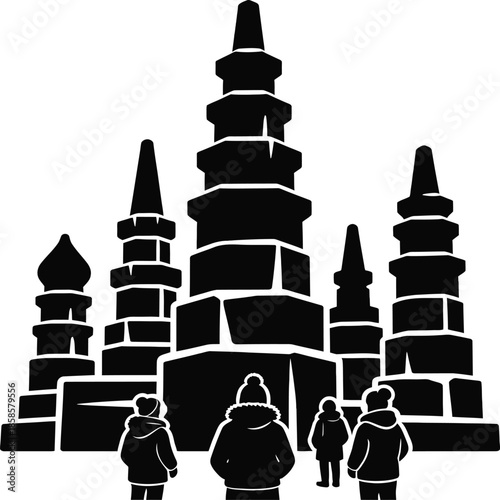 Pagoda ice towers with tourist crowd silhouette
