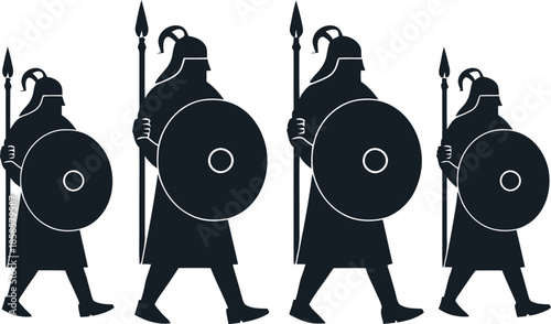 Viking warriors marching with shields silhouette