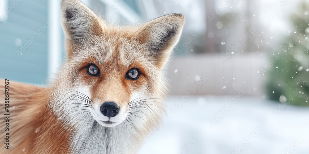 Obraz premium Playful red fox portrait in snowy yard with soft falling snow