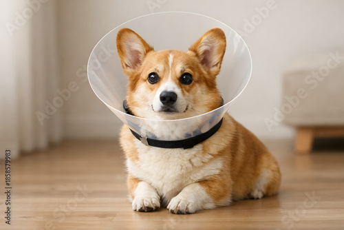 Corgi dog wearing a recovery collar resting at home after surgery on a wooden floor