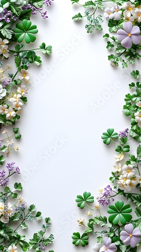 Charming floral border with white blossoms and green clovers on a white background, suitable for delicate and natural designs.