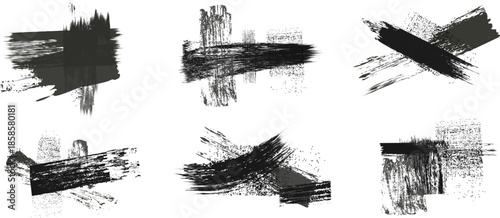 Black ink brushstroke vector pack paint strips, circles, frames and texture highlights.