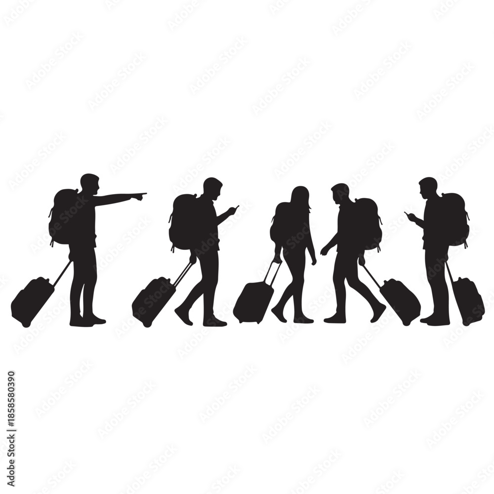 Fototapeta premium Silhouettes of travelers with luggage embarking on a journey or adventure.