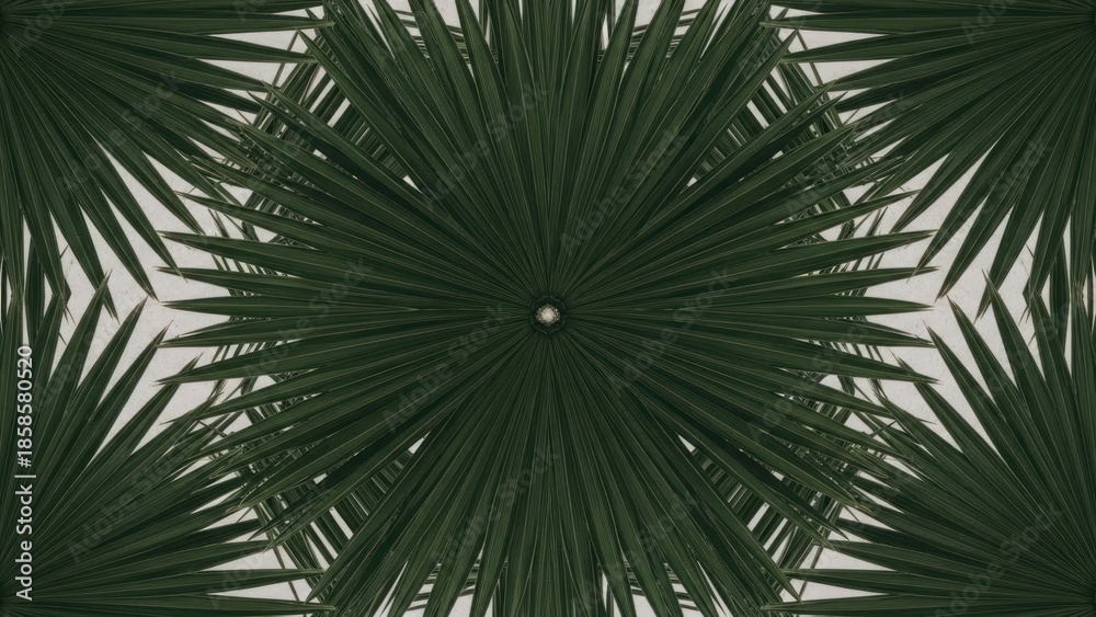Fototapeta premium Symmetrical close-up of dark green palm fronds forming a repeating, star-like pattern