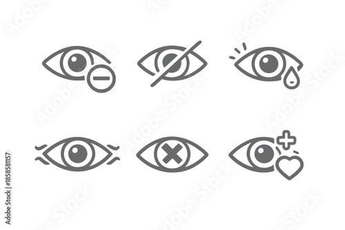 Set of six eye icons with different meanings on a grey background
