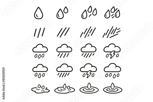 Set of weather icons with rain and clouds