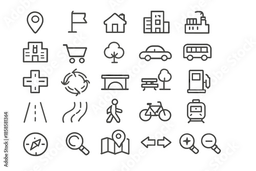 Set of outline icons related to urban and travel themes on a gradient background