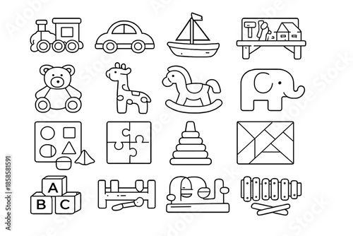 Collection of outline icons of children's toys