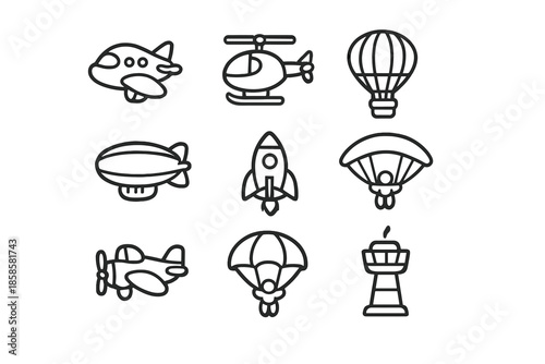 Set of stylized aviation icons on a gray background