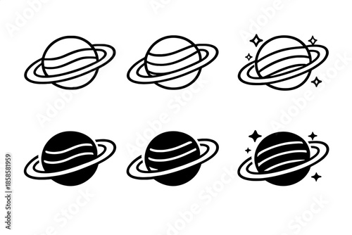 Saturn planet icon set with stars
