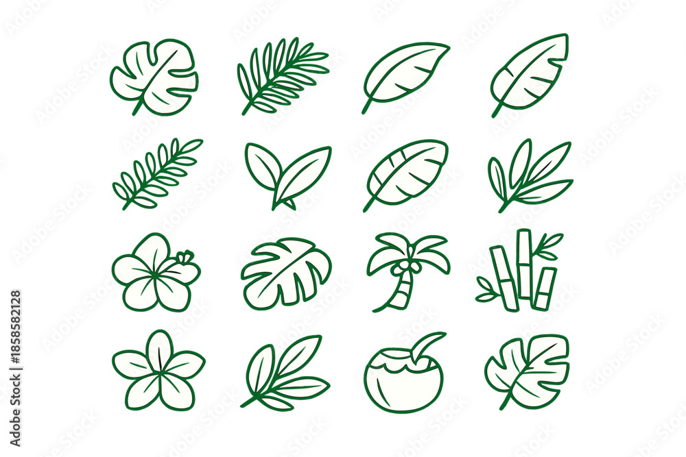 Fototapeta premium Tropical Leaf Icons on Green Gradient Background