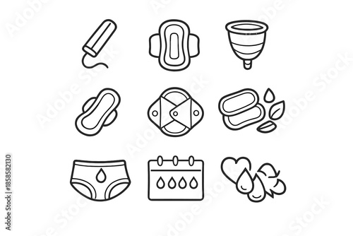 Collection of feminine hygiene product icons on a gray background