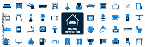 Home Interior Vector Icons Isolated on White Background Showing Various Furniture and Fixtures Like Bed Sofa Table Chair Kitchen Bathroom Decor and Appliances