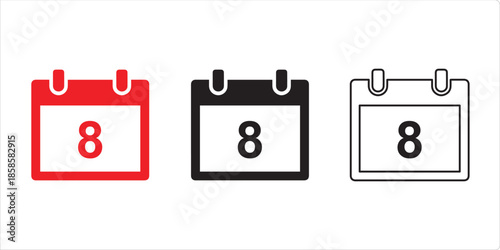 Calendar Icon Variety: Three distinct calendar icons showcase the number 8, offering a simple yet versatile design, suitable for various applications and projects.