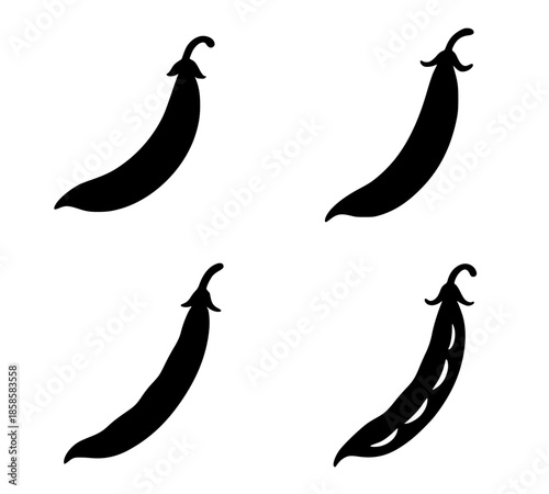 4 icons of green beans illustrations, black, transparent background