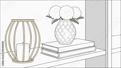 Decorative candle lantern and vase with flowers on books minimalist interior decor elements for home staging and design clean line art illustration