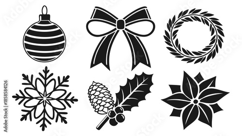 Collection of Christmas icons including bauble bow wreath snowflake pine cone and poinsettia flat vector design elements for holiday decoration and winter themes
