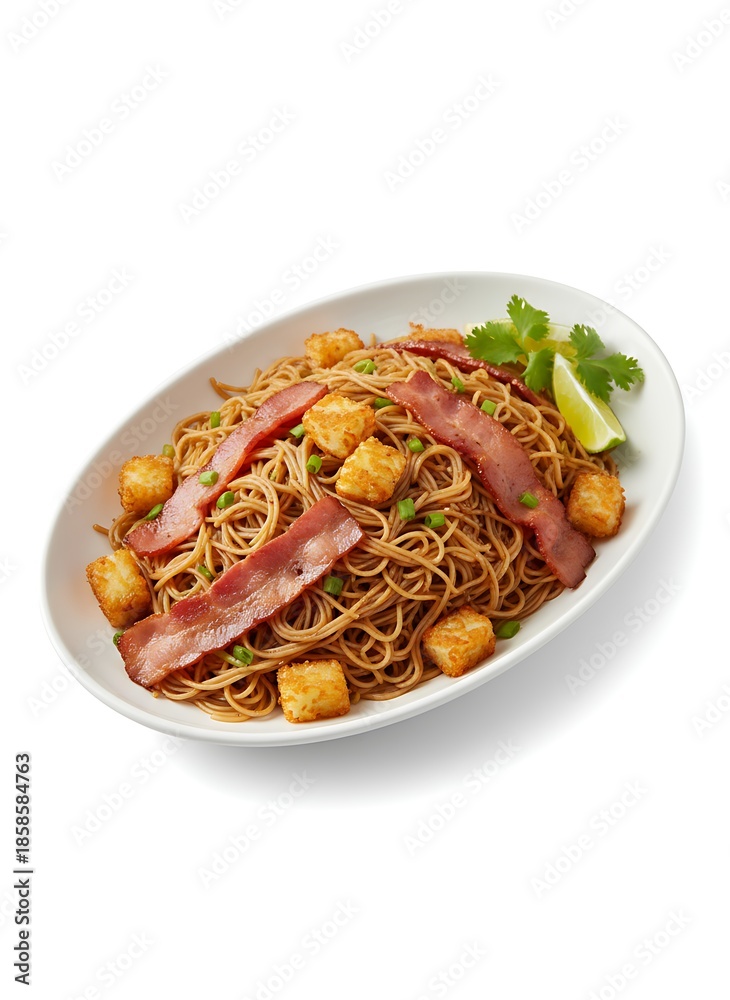 Fototapeta premium Noodles with bacon, tofu, peas, lime, and cilantro on a white dish