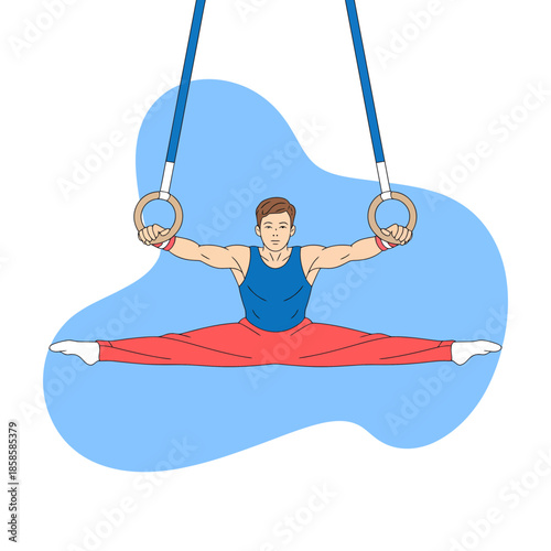 A male gymnast performs a challenging straddle split exercise on the still rings, showcasing flexibility and strength